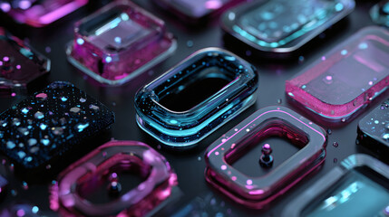 A collection of glowing, abstract, futuristic shapes with a dark background. The scene evokes a sense of technology and innovation. 