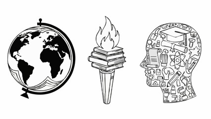 Illustration of global knowledge and education symbolized by earth, torch, and human head filled with various educational elements.