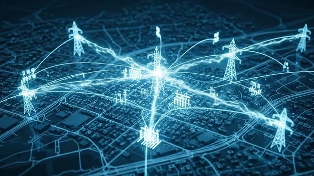 Futuristic smart grid network connects glowing blue digital city map.