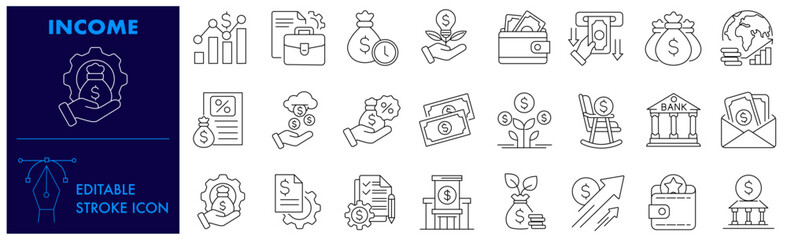 Income Icon Set. Pay check, Earnings, Payment, Tax, Pension, Wages, Reward, Salary, Money, Dollar, Reward and Editable Stroke Icon