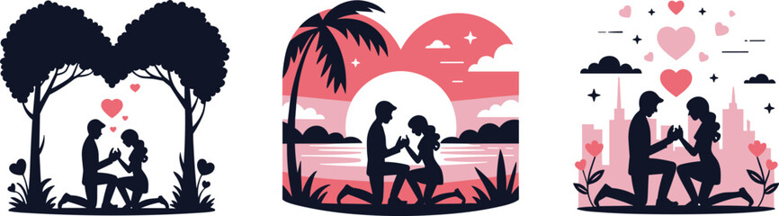 Romantic proposal vector illustration, love scene artwork, silhouette couple design, emotional engagement moment, Valentine&rsquo;s Day concept, decorative themed background
