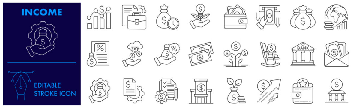 Income Icon Set. Pay check, Earnings, Payment, Tax, Pension, Wages, Reward, Salary, Money, Dollar, Reward and Editable Stroke Icon