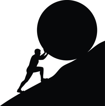 Man pushing huge rock silhouette struggle and determination