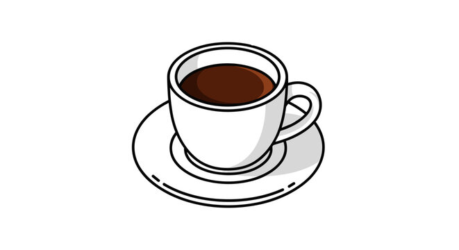 Simple vector illustration of a small cup of dark espresso coffee sitting on a clean white matching saucer.