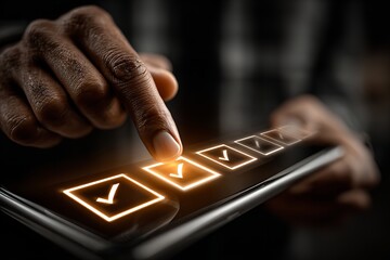 Brightly illuminated checklist being selected by a hand in a dimly lit space