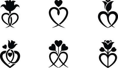 Heart and rose vector illustration, romantic silhouette design, black love symbol artwork, decorative floral graphic, Valentine&rsquo;s Day clipart, minimal holiday drawing