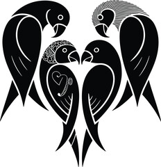 Parrot heart music vector illustration, black and white romantic bird design, symmetrical love symbol artwork, decorative graphic, artistic valentine concept