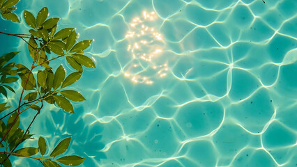 Sunlight Reflections on Clear Blue Water with Tropical Leaves Background