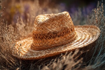 Straw hat resting in sunny summer field
