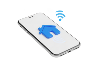 3d icon of 3d blue house icon and wifi symbol on a smartphone screen, isolated on transparent background