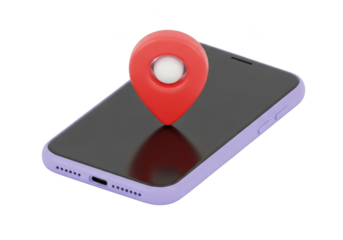 3d icon of 3d red location pin icon on a purple smartphone screen, isolated on transparent background