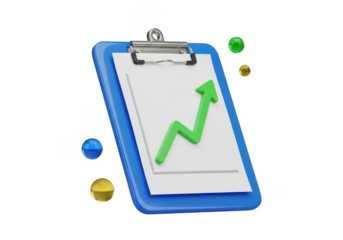 3d illustration of a clipboard with a growing green arrow graph and floating spheres isolated on transparent background