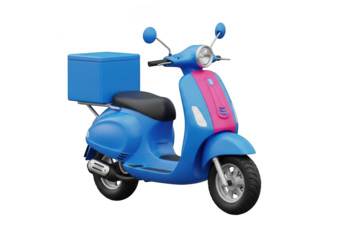 3d icon of blue and pink scooter with a blue delivery box on the back, isolated on transparent background