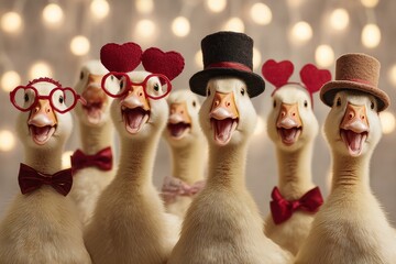 Geese celebrating with heart glasses and top hats