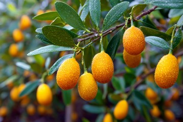 Kumquat fruits growing on tree with water drops