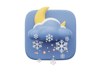 3d icon of 3d cartoon weather icon showing a cloudy night with falling snowflakes and a crescent moon, isolated on transparent background