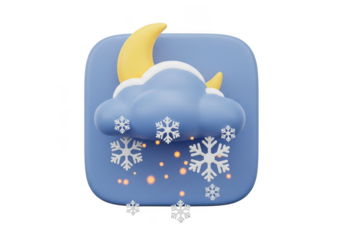 3d icon of 3d cartoon weather icon showing a cloudy night with falling snowflakes and a crescent moon, isolated on transparent background