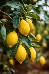 Ripe yellow lemons hanging from green citrus tree branch, vertical