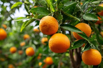 Ripening oranges hanging on a tree in an orchard