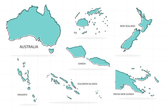 set of line country and shadow in Australia includes australia, fiji, new zealand, samoa, solomon islands, papua new guinea, and vanuatu.