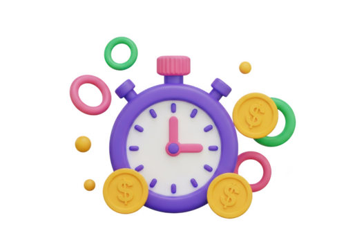 3d illustration of a purple stopwatch surrounded by colorful rings and gold coins, symbolizing time and money, isolated on transparent background - Powered by Adobe