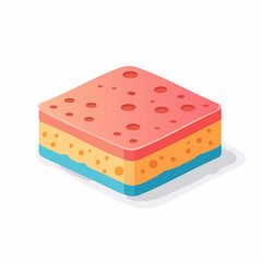 Isometric illustration of a porous sponge with distinct layers in red, yellow, and blue hues, isolated on a white background, representing cleaning or absorption