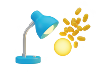 3d icon of a blue desk lamp illuminating a cluster of yellow oval pills, isolated on transparent background