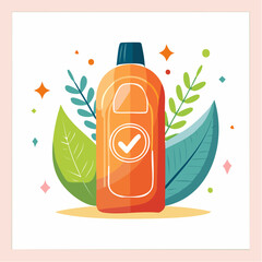 Orange cleaning bottle with a checkmark symbol surrounded by lush green leaves and sparkling accents, illustrating a fresh and effective cleaning solution