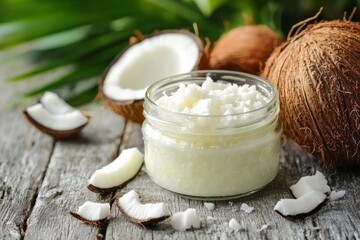 Virgin coconut oil in jar with fresh coconuts