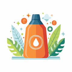 Stylized flat vector icon of a liquid product bottle, adorned with a prominent drop symbol and vibrant botanical leaves, embodying organic purity and wellness