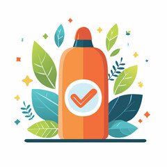 Flat vector illustration depicting a safe and approved natural product in an orange bottle, surrounded by fresh green leaves, symbolizing organic quality and eco-friendliness