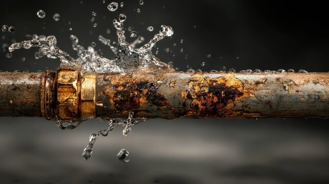 Leaking rusty pipe with gold fitting spraying water on a dark background. Illustrates problems, plumbing repair, damage, and the cost of home ownership.