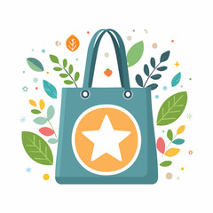 Vibrant vector illustration of an eco-friendly reusable tote bag with a star, surrounded by colorful leaves and abstract shapes, symbolizing sustainable shopping and a green lifestyle