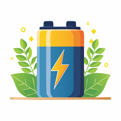 Battery with lightning bolt symbol representing clean energy and eco-friendly power sources, surrounded by leaves