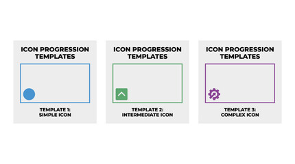 Icon progression social media post templates with blue and green frames, simple icons, and text elements on a white background, in a flat vector style.