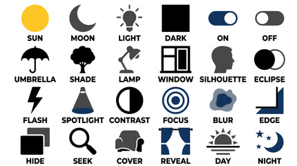 Icon set featuring sun, moon, lightbulb, umbrella, shade, lamp, flash, spotlight, contrast, hide, seek, and cover in flat vector style with solid colors.