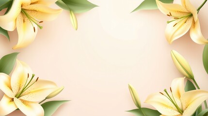 Elegant floral frame with pale peach and soft yellow lilies and green leaves illustration for invitations and greetings