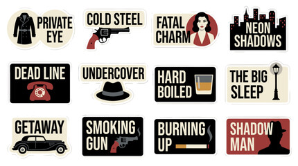 Noir aesthetic sticker set featuring a trench coat, revolver, fedora, classic car, telephone, and text elements in flat vector style