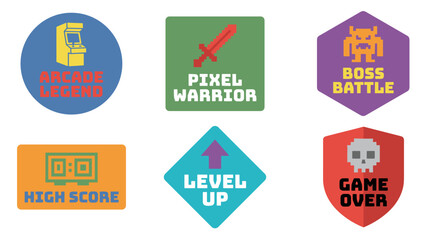 Retro gameplay badge set in flat vector style with solid colors, including arcade machine, high score, and other game elements on a white background.