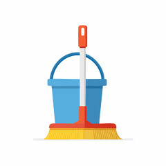 Illustration of a cleaning bucket and broom, symbolizing housekeeping and tidiness
