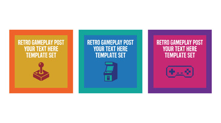Retro gameplay social media post template set with colorful square frames, text placeholders, and a joystick icon in flat vector style.