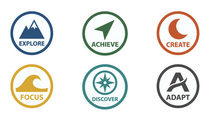 Set of abstract minimalist badges in flat vector style with solid colors, including mountain, wave, and other graphic elements.