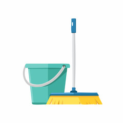 Cleaning Supplies Teal Bucket and Yellow Bristle Broom for Household Chores