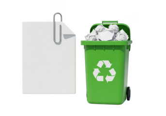 3d icon of white paper with paperclip next to a green recycling bin on transparent background