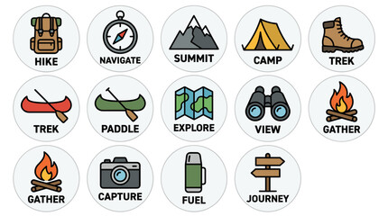 Set of adventure icons in flat vector style including backpack, compass, canoe, campfire, and camera, with solid colors and bold sans serif typography on white circles.