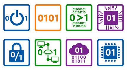 Set of Binary visuals in flat vector style, featuring power button, binary code, lock, and computer network symbols in solid colors with white background.