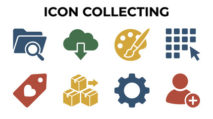 Set of four flat vector icons including a folder with magnifying glass, cloud with download arrow, tag with heart, and stacked boxes with arrow, on a white background.