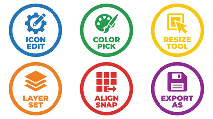 Set of four colorful icon badges with text labels, featuring gear and pencil, layers, and arrows, in a flat vector style on a white background.