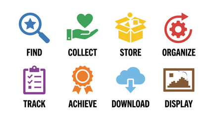 Set of four flat vector icons including a magnifying glass with star, hand holding heart, clipboard, and rosette with corresponding bold uppercase words