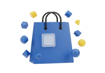 3d icon of blue shopping bag with geometric shapes floating around it isolated on transparent background